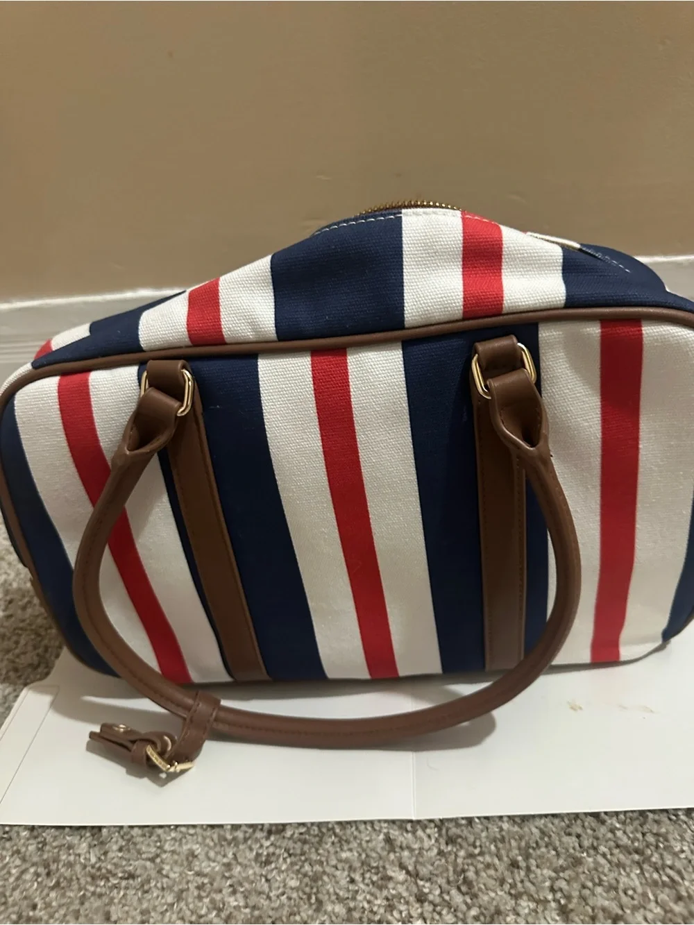 Steve Madden Navy, White & Red Striped Satchel with Tan Handles